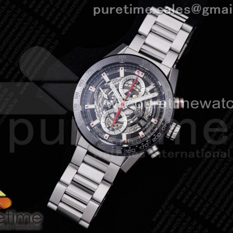 XF공장 칼리버호이어 43 스켈레톤다이얼 브레이슬릿 Calibre Heuer 01 Chrono 43mm SS XF 1:1 Best Edition Skeleton Dial Red Hand on SS Bracelet A1887
