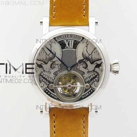 Speake-Marin투어빌론 스틸 스컬다이얼 가죽스트랩 SPEAKE-MARIN SS CASE SILVER DIAL ON RG DIAL ON BROWN LEATHER ASIAN EQ TOURBILLON (FREE BLACK LEATHER STRAP)