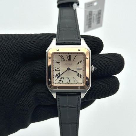 F1공장 까르띠에 산토스 뒤몽 46.6mm 로즈골드콤비 실버다이얼 블랙가죽스트랩 Santos Dumont 46.6mm SS/RG F1F Best Edition Silver Dial on Black Leather Strap Quartz