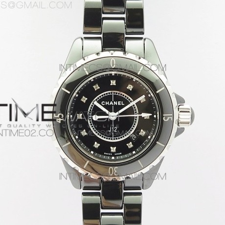 HT공장 샤넬 J12 블랙세라믹 12포인트다이얼 33mm 여성용 세라믹브레이슬릿 솔리드백 J12 33mm Black Korea Ceramic EAST Factory 1:1 Best Edition Black Dial Diamonds Markers on Bracelet Swiss Quartz KOR EAST공장