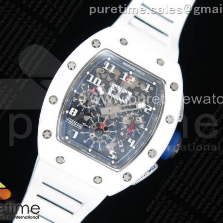 KU공장 리차드밀 RM011 화이트세라믹케이스 스켈레톤다이얼 러버스트랩 RM011 Real White Ceramic Chronograph Crystal Skeleton Dial Blue on White Rubber Strap A7750 KV공장