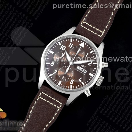 AZ공장 IWC 파일럿 크로노그래프 스틸 브라운다이얼 브라운가죽스트랩 Pilot Chrono SS AZF 1:1 Best Edition Brown Dial on Brown Leather Strap A7750