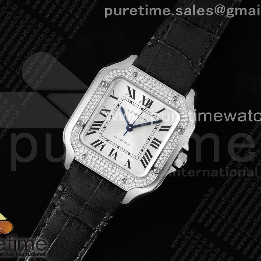 3K공장 까르띠에 산토스 미디움 35 스틸 다이아몬드베젤 화이트다이얼 가죽스트랩 Santos de Cartier 35mm 3KF 1:1 Best Edition White Dial Diamonds Bezel on Black Leather Strap MIYOTA 9015