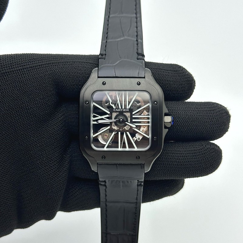 TWF공장 산토스 스켈레톤 PVD블랙케이스 가죽스트랩 Santos skeleton PVD TWF Best Edition Skeleton Dial on Black Leather Strap Ronda Quartz