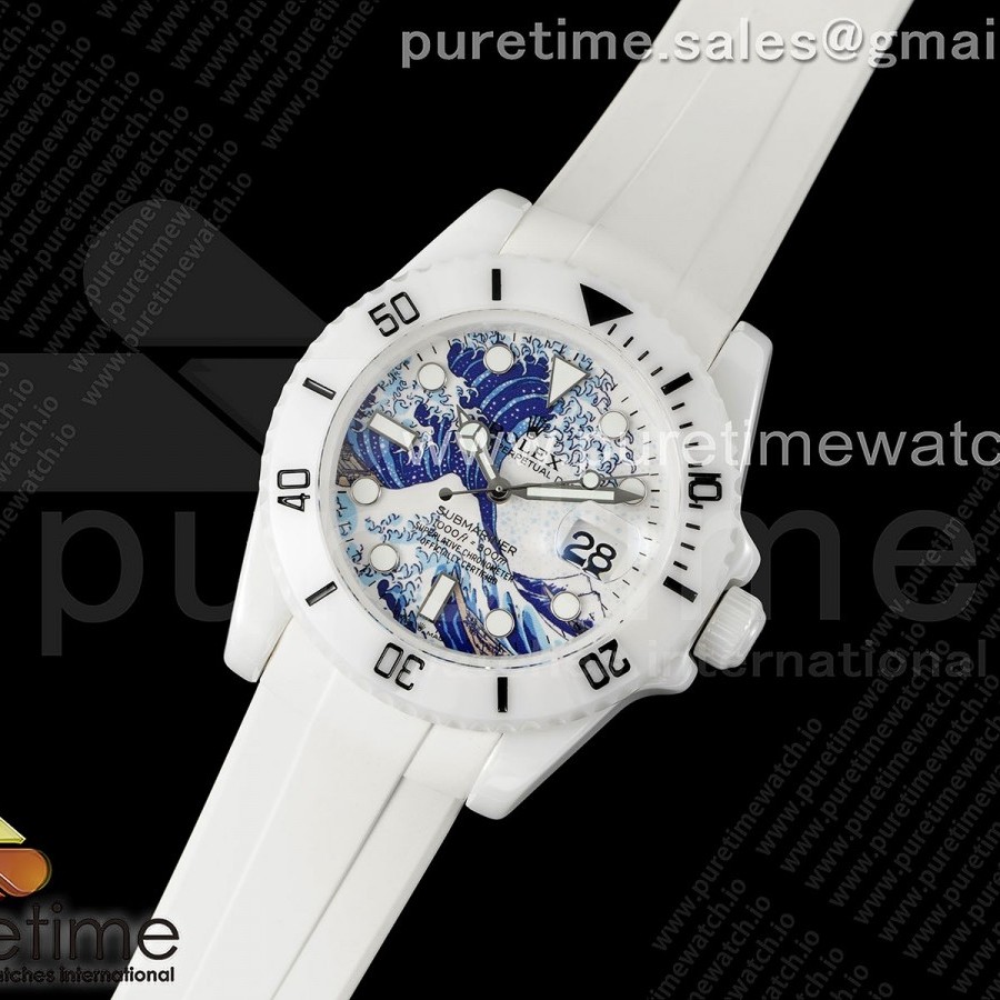 5G공장 롤렉스 커스텀 서브마리너 40 풀세라믹 바다페인팅다이얼 러버스트랩 Submariner 40mm White Ceramic 5GF Best Edition Sea Painting Dial on White Rubber Strap SA3135