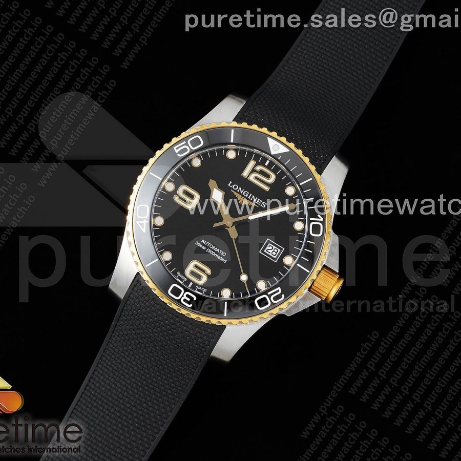 ZF공장 론진 하이드로콘퀘스트 옐로우골드콤비 블랙다이얼 러버스트랩 Conquest SS/YG Black Ceramic Bezel SS ZF 1:1 Best Edition Black Dial on Black Rubber Strap A2824
