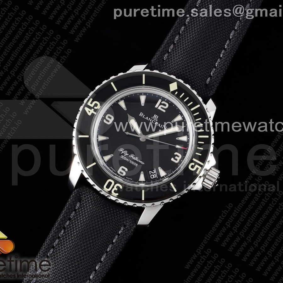 NTF공장 블랑팡 피프티패덤즈 스틸 블랙다이얼 패브릭스트랩 Fifty Fathoms SS Black NTF 1:1 Best Edition Black Dial on Sail-canvas Strap A2836