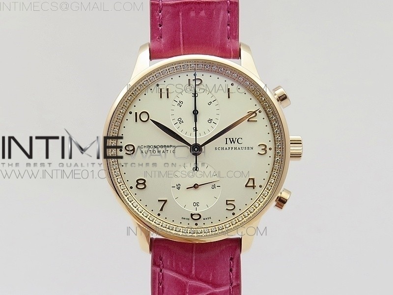 ZF공장 IWC 포르투기저 크로노그래프 PORTUGUESE IW3714 RG CASE DIAMOND WHITE DIAL RG NUMERAL ON DARK PINK LEATHER STRAP A79350 (SLIM MOVEMENT)