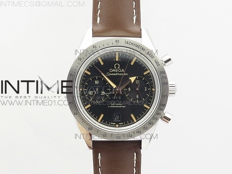 OM공장 오메가 스피드마스터57 스틸 블랙다이얼 브라운인덱스 브라운가죽스트랩 SPEEDMASTER '57 CO-AXIAL BLACK DIAL BROWN MARKERS ON BROWN LEATHER STRAP A9300 (FREE THE LEATHER STRAP)