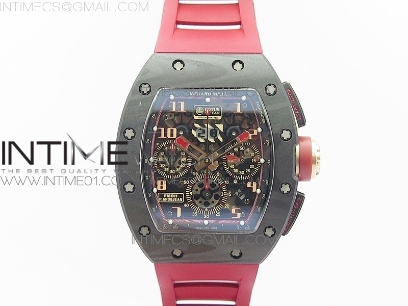 KU공장 리차드밀 RM011 카본 크로노그래프 레드포인트 러버스트랩 RM011 CARBON CASE CHRONOGRAPH CARBON BEZEL SKELETON DIAL ON RED RUBBER STRAP A7750 KV공장