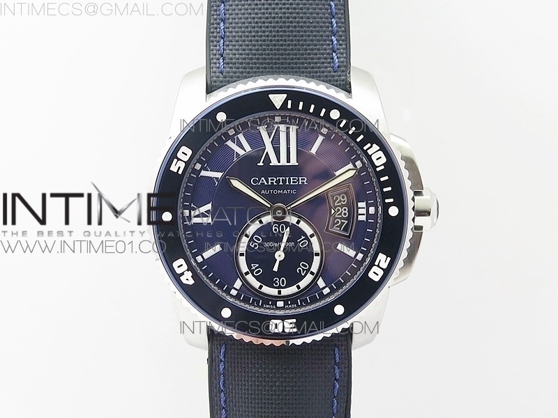 TF공장 칼리브 드 까르띠에 다이버 스틸 블루다이얼 러버스트랩 CALIBRE DE CARTIER DIVER SS BLUE DIAL ON NYLON BLACK RUBBER STRAP 23J MOVEMENT