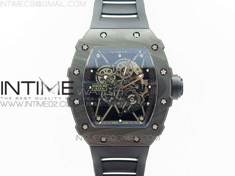 KV 리차드밀 RM035-01 카본케이스 스켈레톤다이얼 RM035-01 FORGED CARBON CASE V2 SKELETON DIAL BLACK CROWN ON BLACK RUBBER STRAP MIYOTA8215