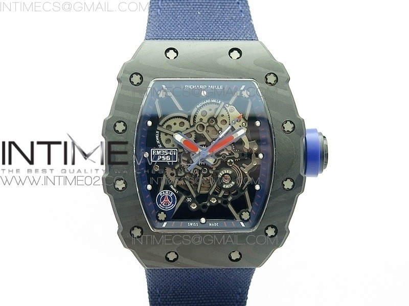 KV V2 리차드밀 RM035-01 카본 레드크라운 블루나일론스트랩 RM035-01 FORGED CARBON CASE V2 SKELETON DIAL BLUE CROWN ON BLUE NYLON STRAP MIYOTA8215