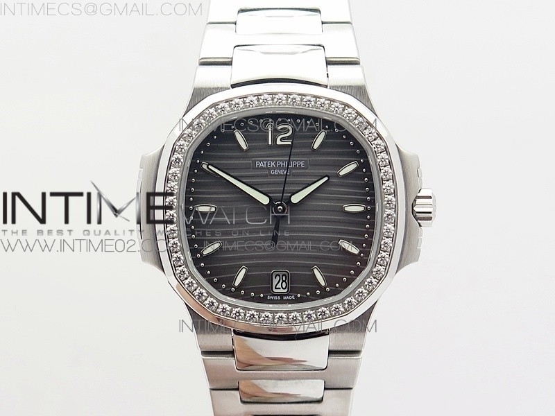 PF공장 파텍필립 노틸러스점보 레이디 7118 스틸 다이아몬드베젤 그레이다이얼 NAUTILUS JUMBO LADIES 7118 GRAY TEXTURED DIAL DIAMONDS BEZEL ON SS BRACELET A324 CLONE