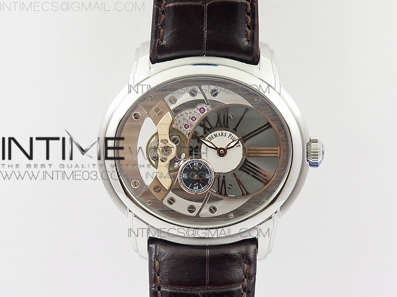 v9공장 오데마피게 밀레너리 스틸 스켈레톤 화이트투톤다이얼 가죽스트랩 MILLENNIUM SERIES 15350 SS SKELETONAL DIAL ON DARK BROWN LEATHER STRAP A4101