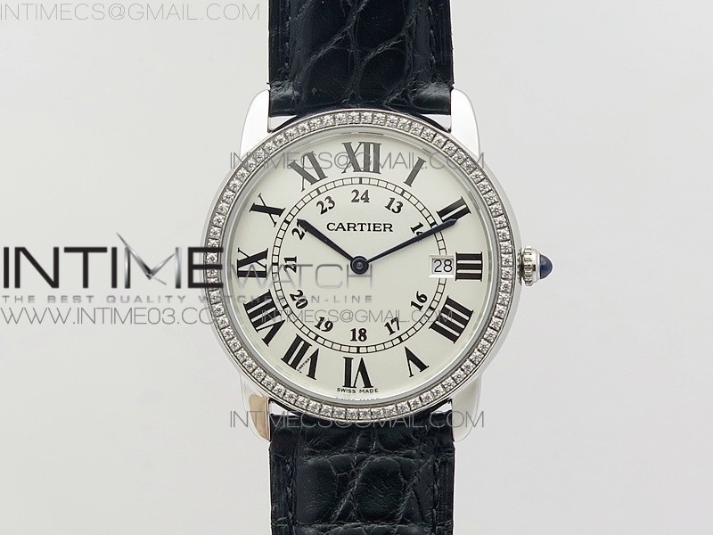 K11공장 까르띠에 롱드솔로 36MM 스틸&다이아케이스 화이트다이얼 가죽스트랩RONDE SOLO DE CARTIER 36MM  SS/DIA  WHITE DIAL ON BLACK CROCO LEATHER STRAP RONDA QUARTZ