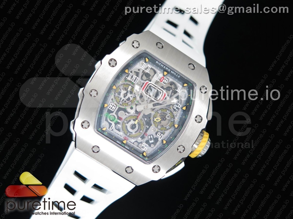 KV공장 리차드밀 RM11-03 스틸 크리스탈스켈레톤다이얼 화이트레이싱러버스트랩 RM11-03 SS Crystal Skeleton Dial on White Racing Rubber Strap A7750