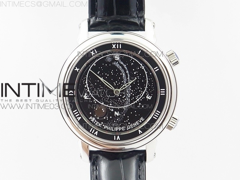 TW공장 파텍필립 6104P 문 스틸 블랙다이얼 블랙가죽스트랩 6104P MOON SS BLACK DIAL ON BLACK LEATHER STRAP A240 V2