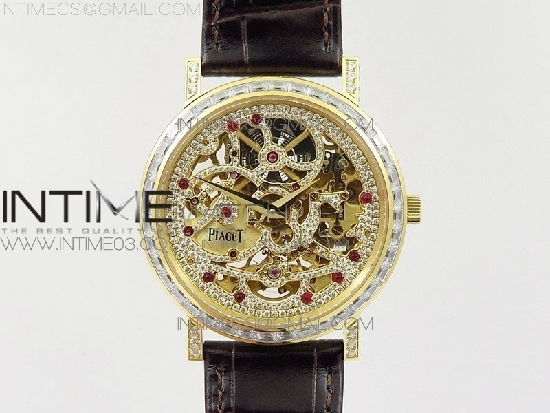 BBR공장 피아제 트레디션 옐로우골드금장 다이아페이비드 스켈레톤다이얼 가죽스트랩 TRADITION YG DIAMOND PAVED SKELETON DIAL ON BLACK LEATHER STRAP A23J