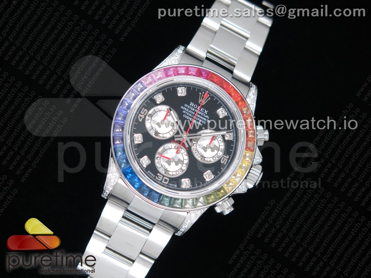 JH공장 롤렉스 데이토나 레인보우 바게트베젤 블랙다이얼 Daytona 116599RBOW SS Rainbow Crystal Black Dial on SS Bracelet A4130