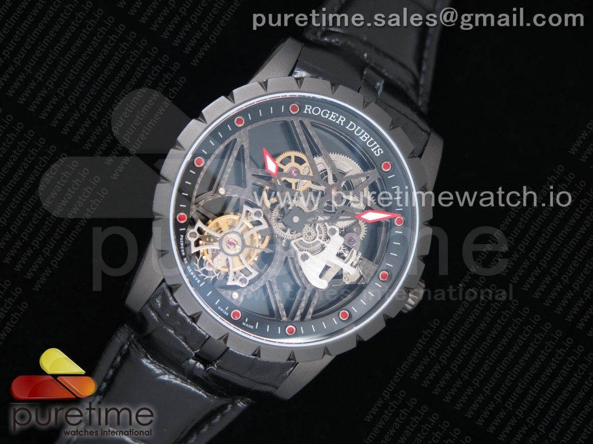 BBR공장 로져드뷔 엑스칼리버 투어빌론 PVD 스켈레톤다이얼 가죽스트랩 Excalibur Rddbex0393 PVD Skeleton Dial on Black Leather Strap A2136 Tourbillon