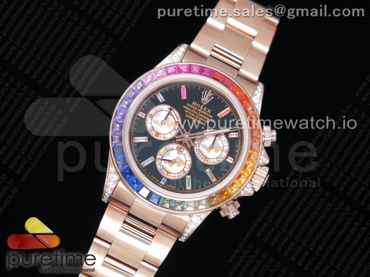 OM공장 롤렉스 데이토나 로즈골드 금통 레인보우 바게트베젤 블랙다이얼 Daytona 116595RBOW RG Rainbow Crystal Black Dial on RG Bracelet A4130