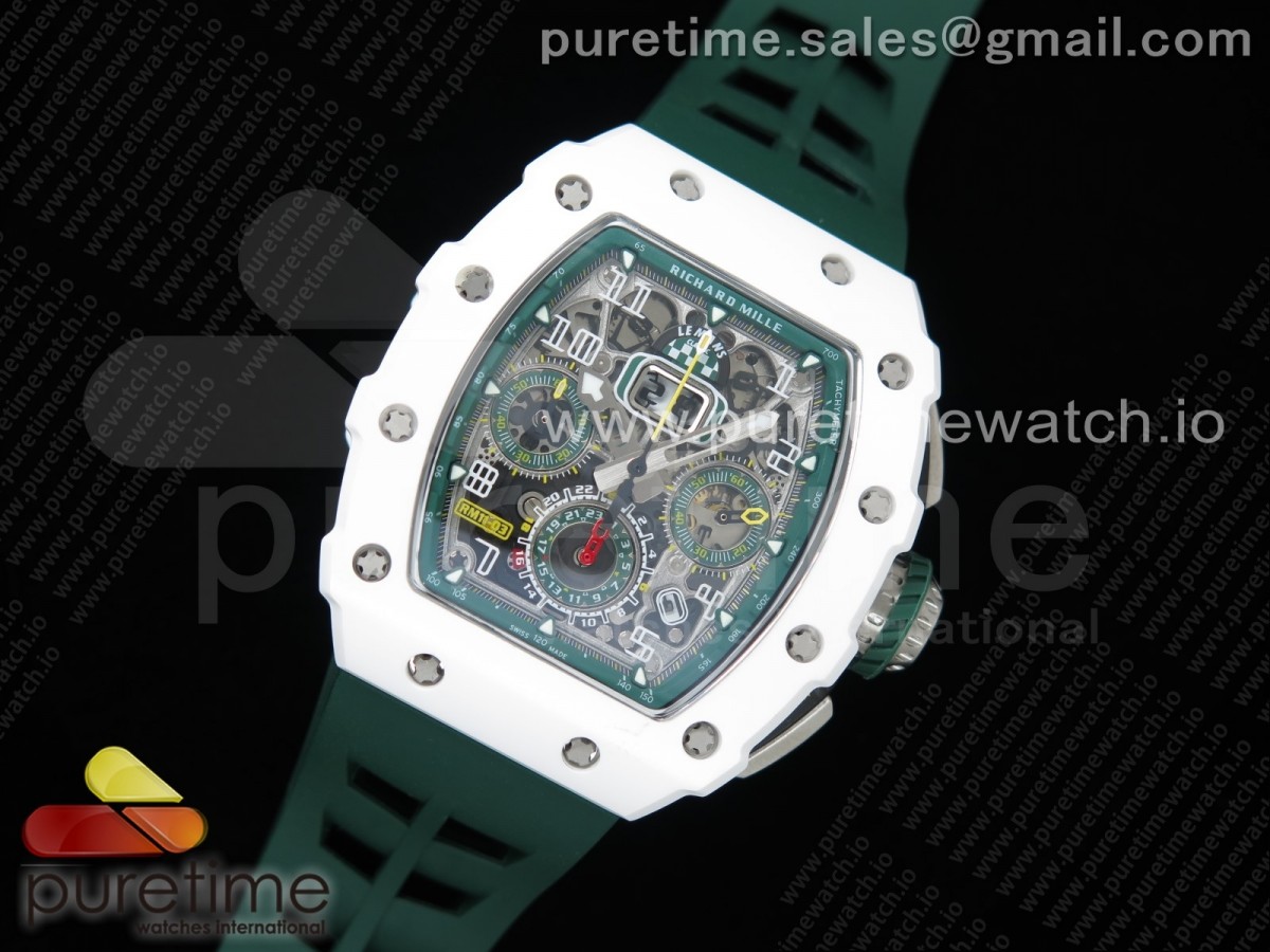 KU공장 리차드밀 RM011 화이트세라믹케이스 스켈레톤다이얼 러버스트랩 RM011 Real White Ceramic Chronograph Crystal Skeleton Dial Green on Green Rubber Strap A7750 KV공장