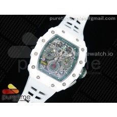 KU공장 리차드밀 RM011 화이트세라믹케이스 스켈레톤다이얼 러버스트랩 RM011 Real White Ceramic Chronograph Crystal Skeleton Dial Green on White Rubber Strap A7750 KV공장