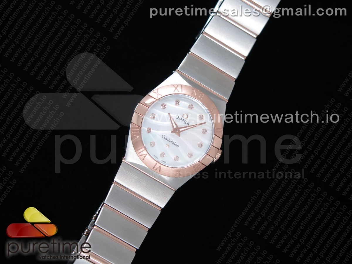 K11공장 오메가 컨스텔레이션 27MM 로골 자개다이얼 브레이슬릿 Constellation Ladies 27mm SS/RG White MOP Textured Dial Diamonds Markers on SS/RG Bracelet ETA Quartz