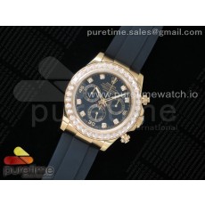 JH공장 데이토나 옐로우골드 블랙다이얼 러버스트랩 Daytona YG Black Dial Diamonds Bezel on Black Rubber Strap A4130