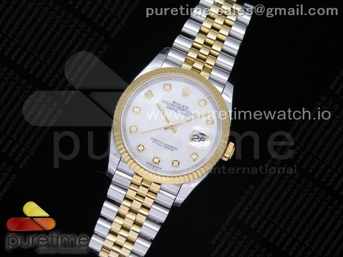 EW공장 롤렉스 데이저스트 36 옐로우골드콤비 자개다이얼 쥬빌레브레이슬릿 DateJust 36 SS/YG 126233 White MOP Dial Diamonds Markers on Jubilee Bracelet A3235