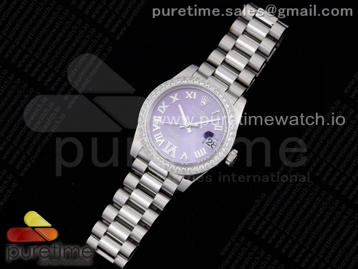 GM공장 롤렉스 데이저스트 31 퍼플다이얼 브레이슬릿 DateJust 31 Ladies 278289 GMF 316L Steel Diamonds Bezel Purple Dial Roman Markers on President Syle Bracelet