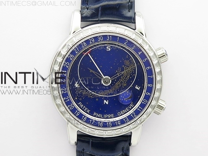 AI공장 파텍 6104P 문 블루다이얼 가죽스트랩 6104P Moon SS AIF Blue Dial Diamond Bezel on Blue Leather Strap A240