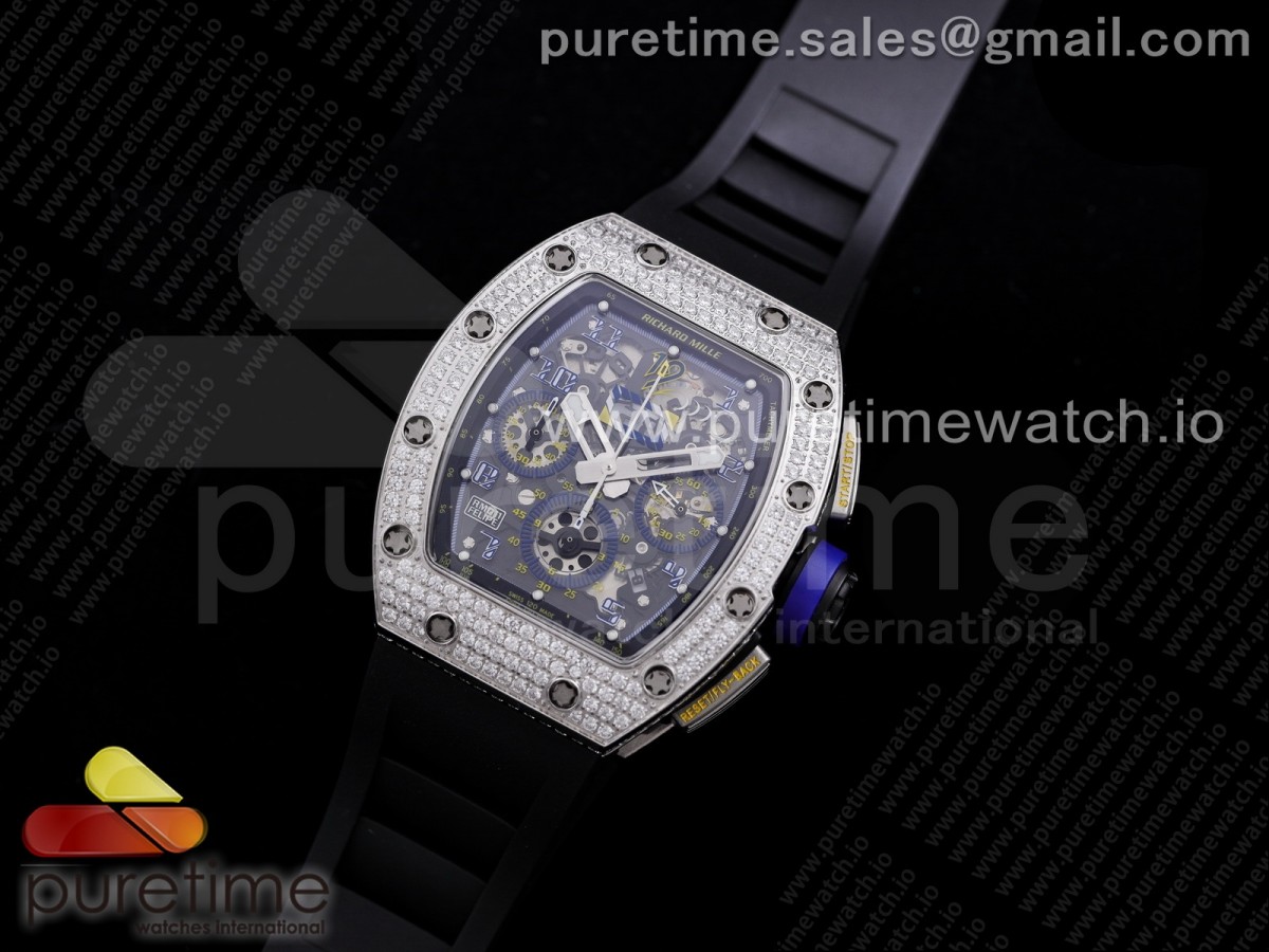 KU공장 V3 RM011 크리스탈다이얼 러버 RM011 SS Chrono Best Edition Diamonds Bezel Crystal Dial Black on Black Rubber Strap A7750 V3