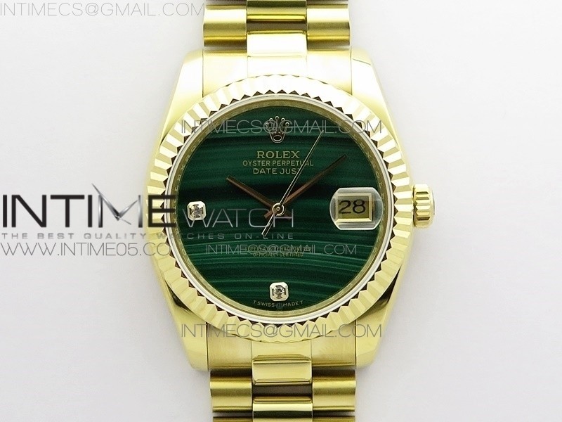 ED공장 롤렉스 데이저스트 36 옐로우골드금통 그린다이얼 DateJust 36mm YG EDF Best Edition Green Malachite Dial Crystal Markers on SS President Bracelet A2824