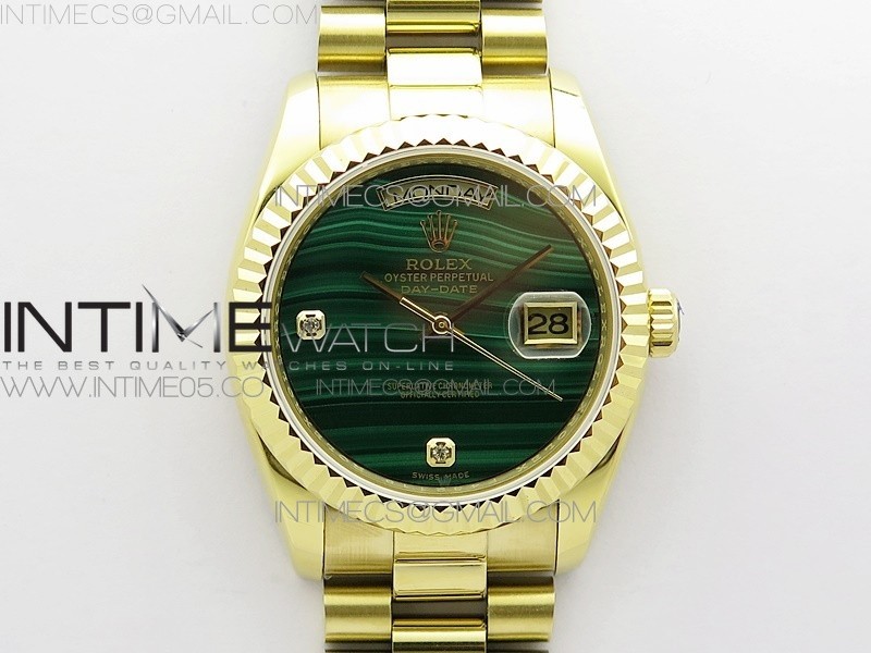 ED공장 롤렉스 데이저스트 36 옐로우골드금통 그린다이얼 Day date 432118 36mm YG EDF Best Edition Green Malachite Dial Crystal Markers on SS President Bracelet A2836