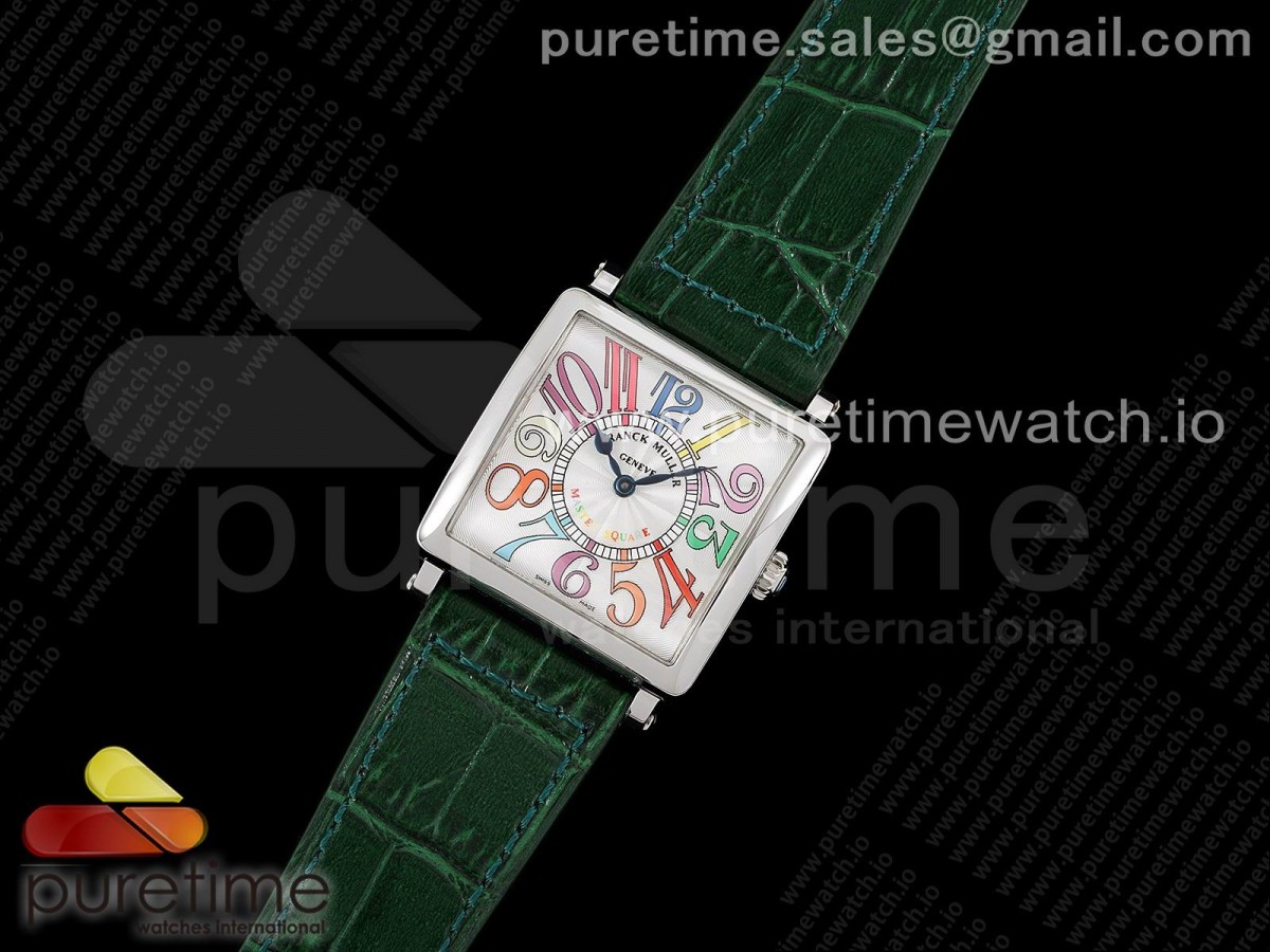 ZF공장 마스터스퀘어 화이트다이얼 가죽스트랩 Master Square SS Ladies ZF 1:1 Best Edition White Colorful Arabic Dial on Green Leather Strap Ronda Quartz