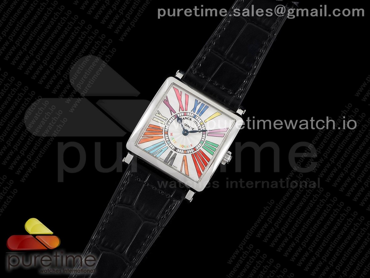 ZF공장 마스터스퀘어 화이트다이얼 가죽스트랩 Master Square SS Ladies ZF 1:1 Best Edition White Colorful Roman Dial on Black Leather Strap Ronda Quartz