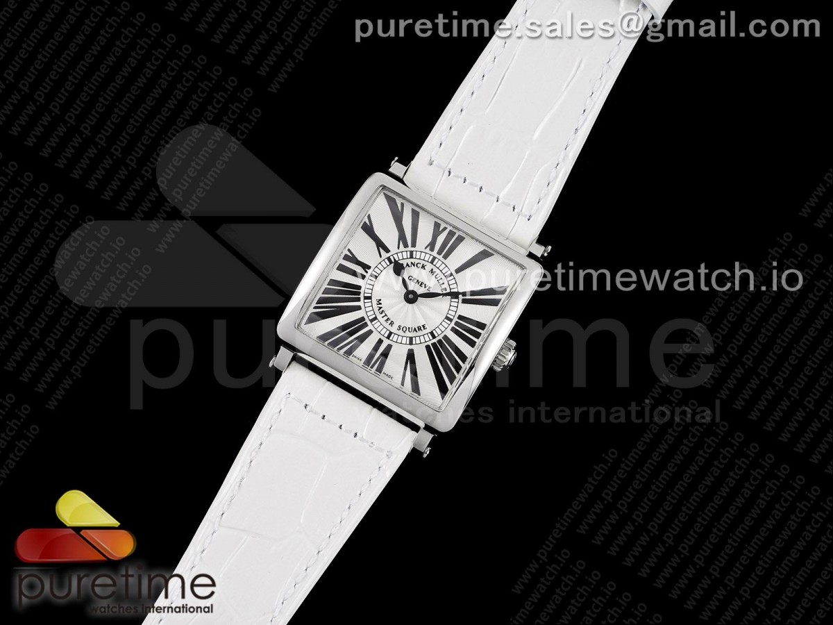 ZF공장 마스터스퀘어 화이트다이얼 가죽스트랩 Master Square SS Ladies ZF 1:1 Best Edition White Black Roman Dial on White Leather Strap Ronda Quartz