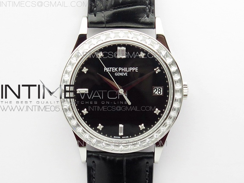 ZF공장 칼라트라바 블랙다이얼 가죽스트랩 Calatrava 5298P-012 SS T Crystal Bezel ZF 1:1 Best Edition Black Dial on Black Leather Strap A324CS