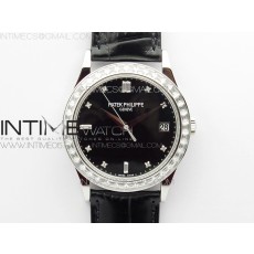 ZF공장 칼라트라바 블랙다이얼 가죽스트랩 Calatrava 5298P-012 SS T Crystal Bezel ZF 1:1 Best Edition Black Dial on Black Leather Strap A324CS