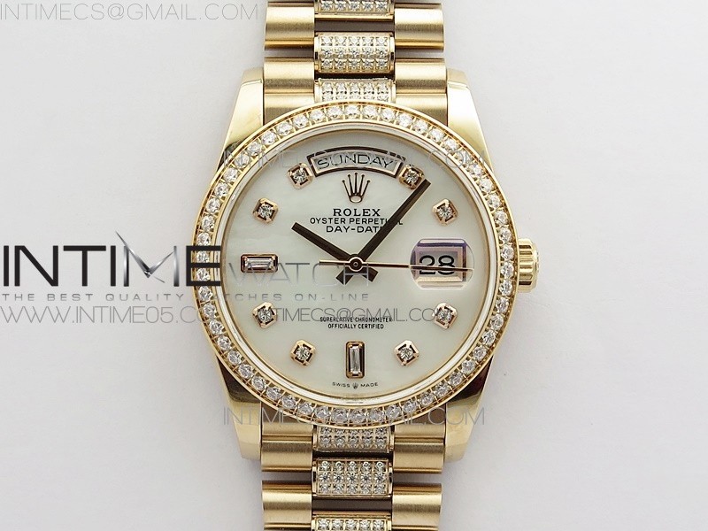 BP공장 롤렉스 데이데이트 36미리 로골 자개다이얼 2836 Day-Date 36 128235 RG/Crystal BP Best Edition White MOP Crystal Marker Dial on RG President Bracelet A2836