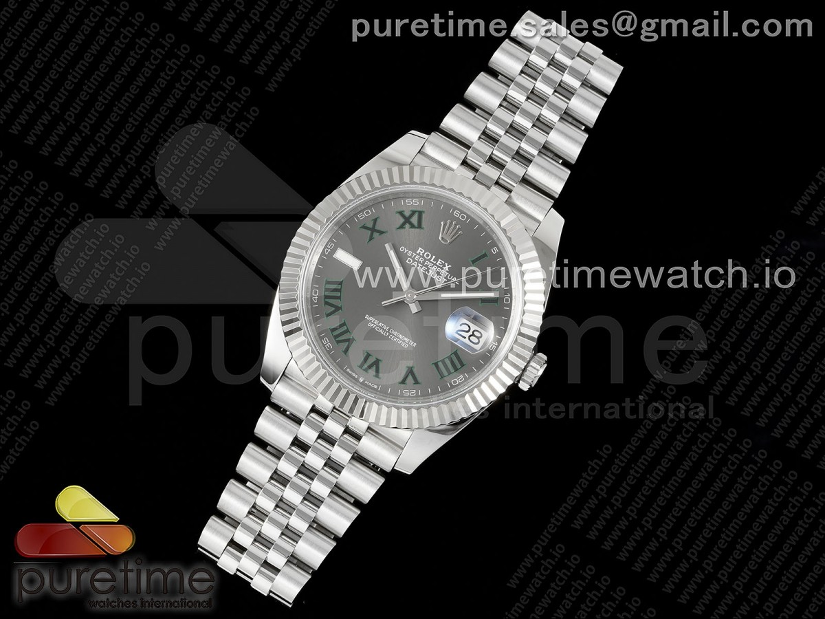 CLEAN공장 롤렉스 데이저스트 41 스틸 슬레이트로만다이얼 쥬빌레브레이슬릿 윔블던 클린공장 Datejust 41 SS 904L Steel Clean 1:1 Best Edition Gray Dial Green Roman on SS Bracelet VR3235