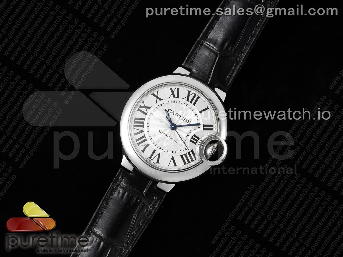 3K공장 까르띠에 발롱블루 33 오토메틱 스틸 화이트다이얼 가죽스트랩 Ballon Bleu 33mm SS 3KF 1:1 Best Edition White Dial on Black Leather Strap A076