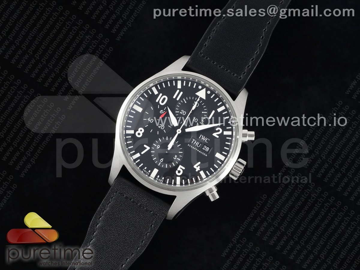 AZ공장 IWC 파일럿 크로노그래프 스틸 블랙다이얼 블랙가죽스트랩 Pilot Chrono SS AZF 1:1 Best Edition Black Dial on Black Leather Strap A7750