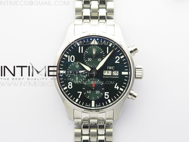 KK공장 IWC 파일럿 크로노그래프 IW388104 브레이슬릿 Pilot Chrono IW388104 KKF Best Edition Green Dial on SS Bracelet A7750 to 69385