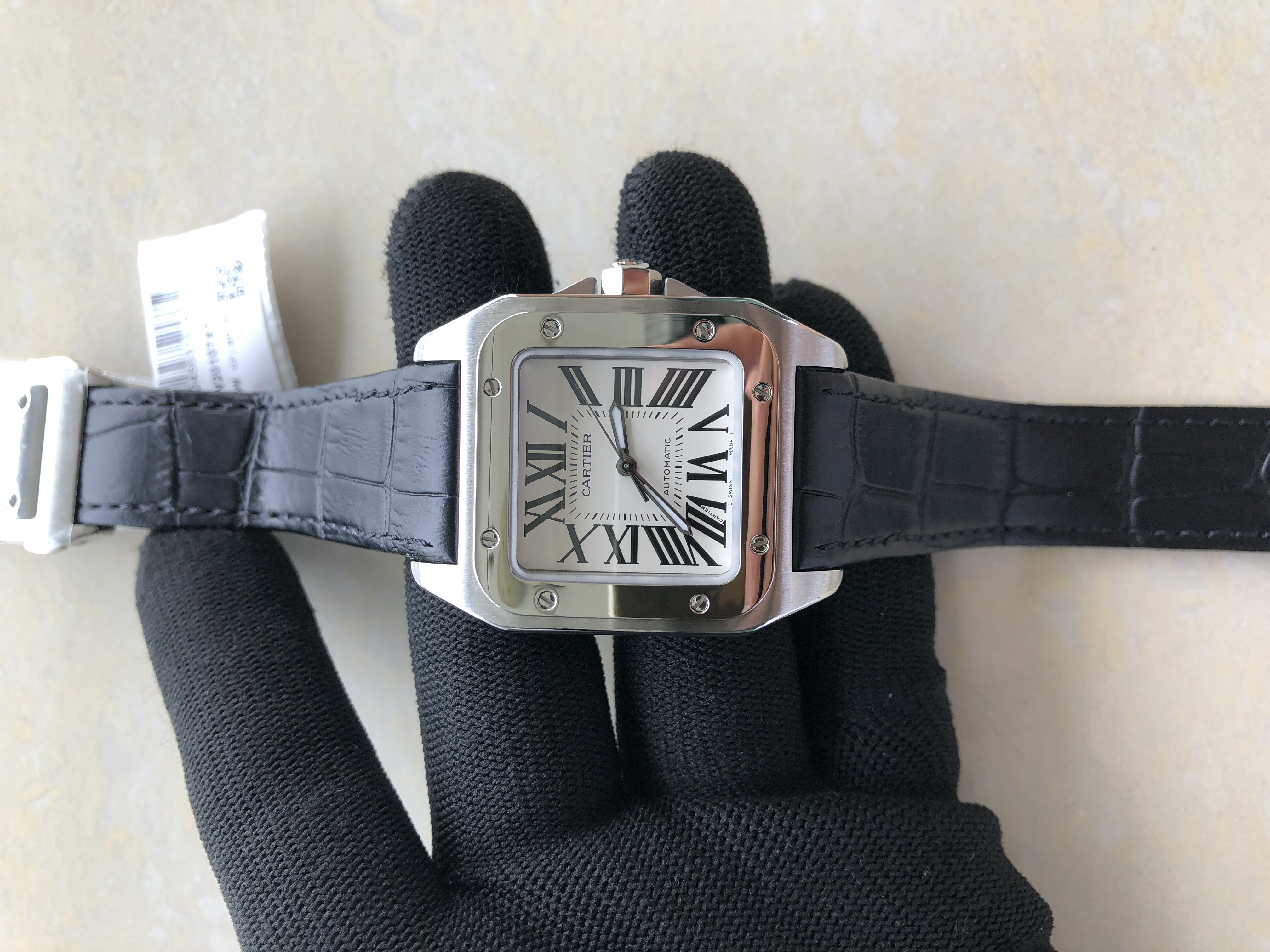 V6공장 까르띠에 산토스100 미디움 스틸 화이트다이얼 가죽스트랩