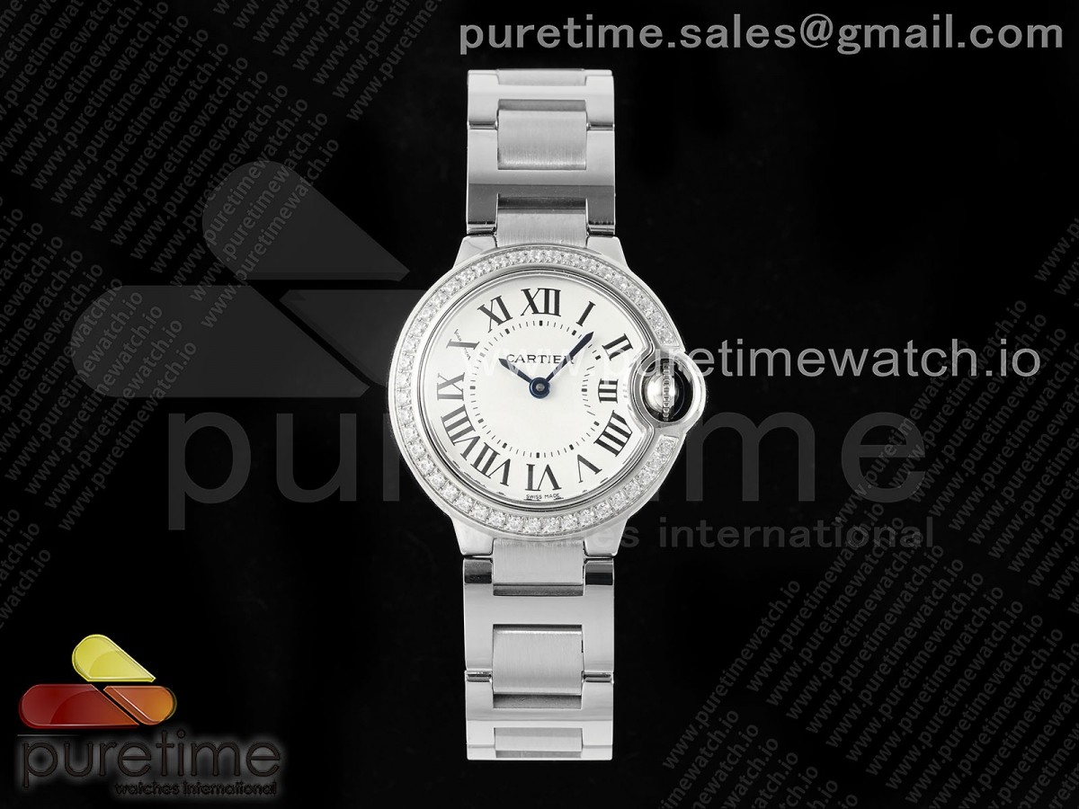 AF공장 까르띠에 발롱블루 28mm 화이트다이얼 다이아몬드베젤 브레이슬릿 Ballon Bleu Ladies 28mm SS AF 1:1 Best Edition White Dial Diamonds Bezel on SS Bracelet Ronda Quartz