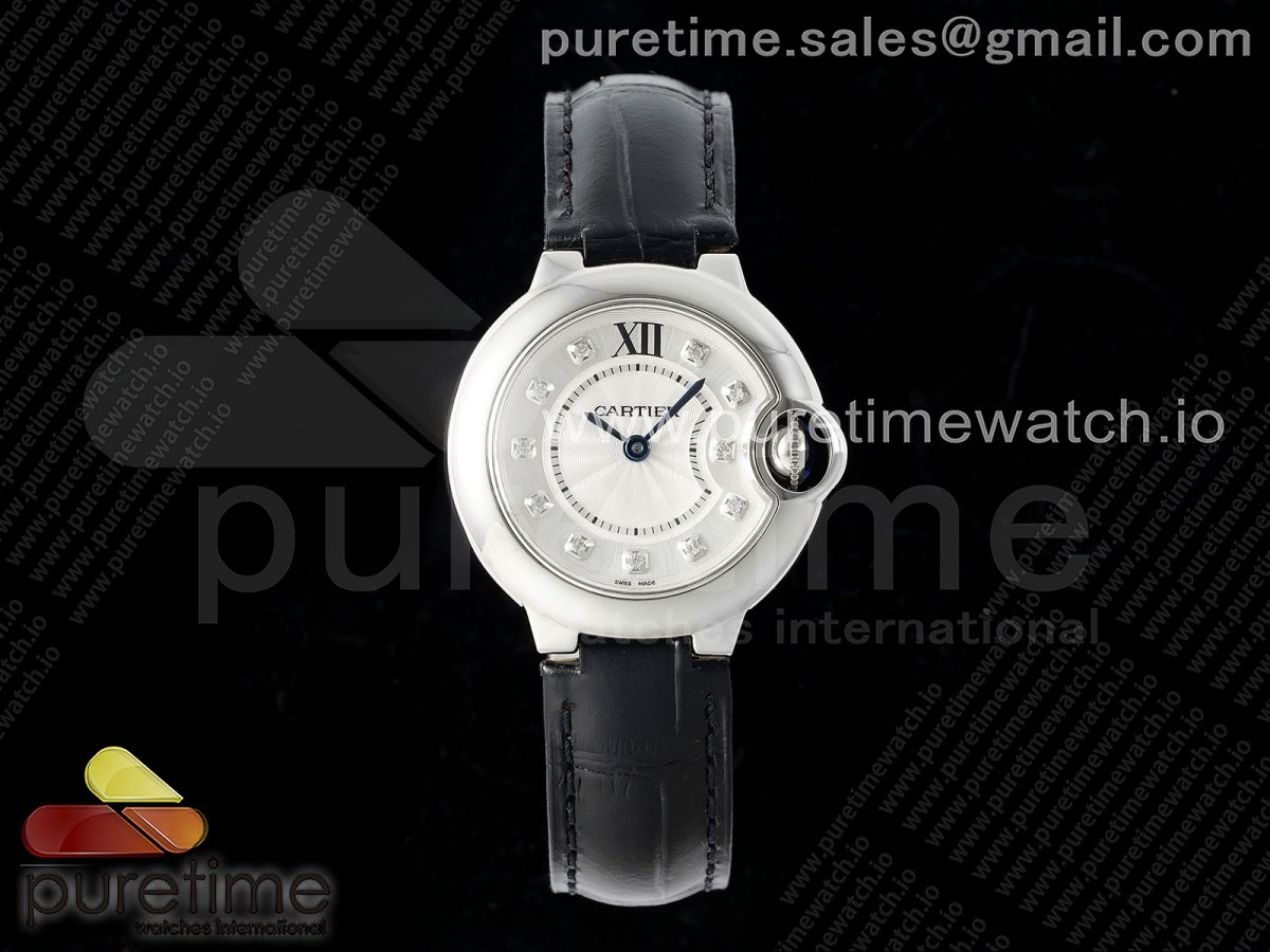 AF공장 까르띠에 발롱블루 28mm 다이아몬드다이얼 블랙가죽스트랩 Ballon Bleu Ladies 28mm SS AF 1:1 Best Edition White Diamonds Dial Bezel on Black Leather Strap Ronda Quartz