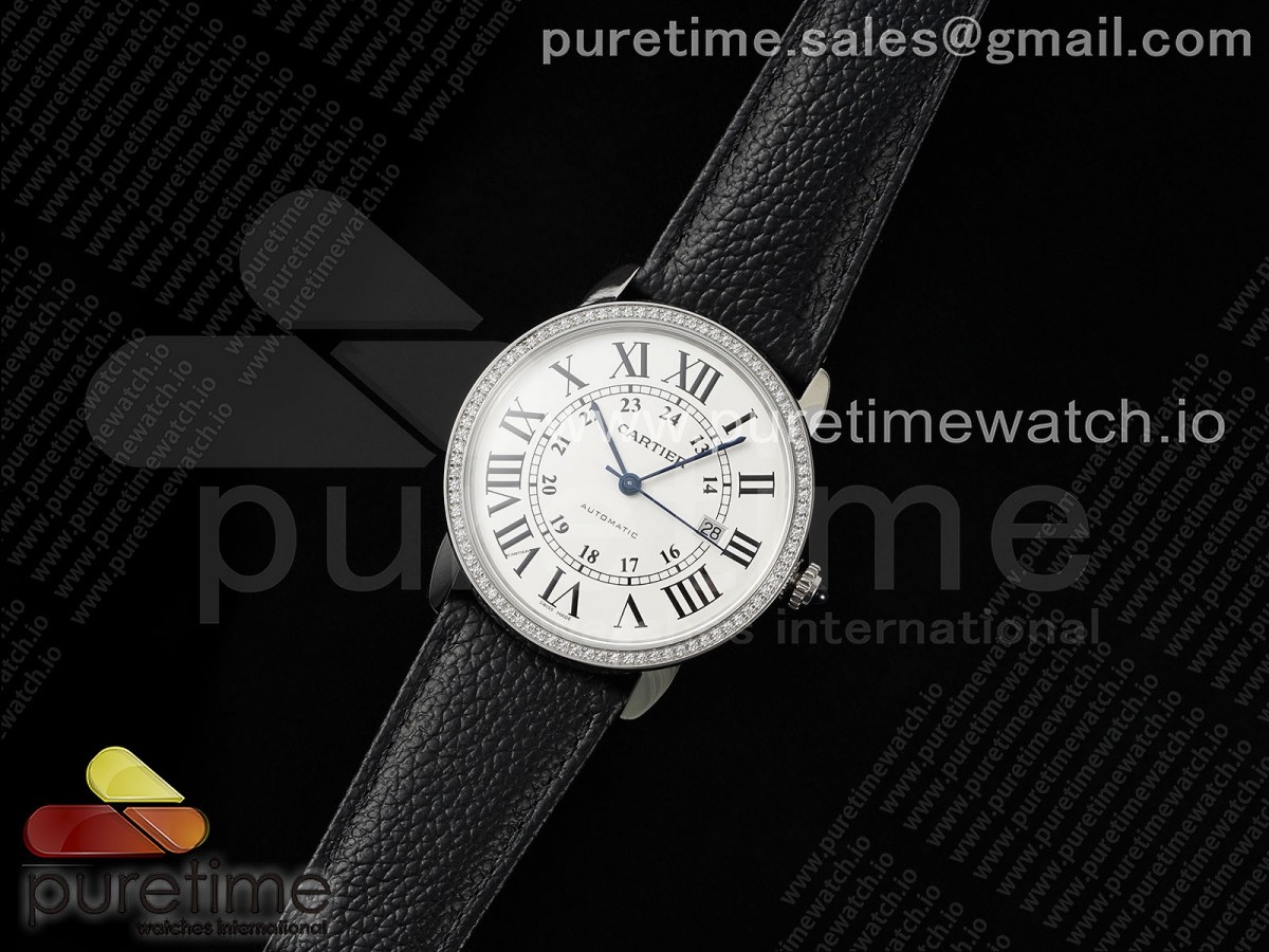 AF공장 까르띠에 롱드솔로 42mm 스틸 화이트다이얼 다이아몬드베젤 블랙가죽스트랩 Ronde Solo 42mm SS AF 1:1 Best Edition White Dial Diamonds Bezel on Black Black Strap MIYOTA 9015